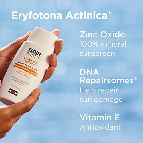 ISDIN Eryfotona Actinica Zinc Oxide and 100% Mineral Sunscreen Broad Spectrum SPF 50 , No White Cast, Suitable for Sensitive Skin, 3.4 Fl Oz