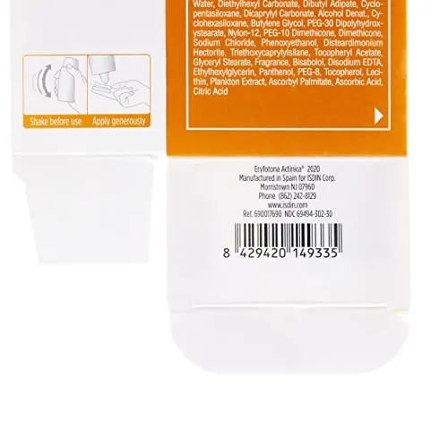 ISDIN Eryfotona Actinica Zinc Oxide and 100% Mineral Sunscreen Broad Spectrum SPF 50 , No White Cast, Suitable for Sensitive Skin, 3.4 Fl Oz